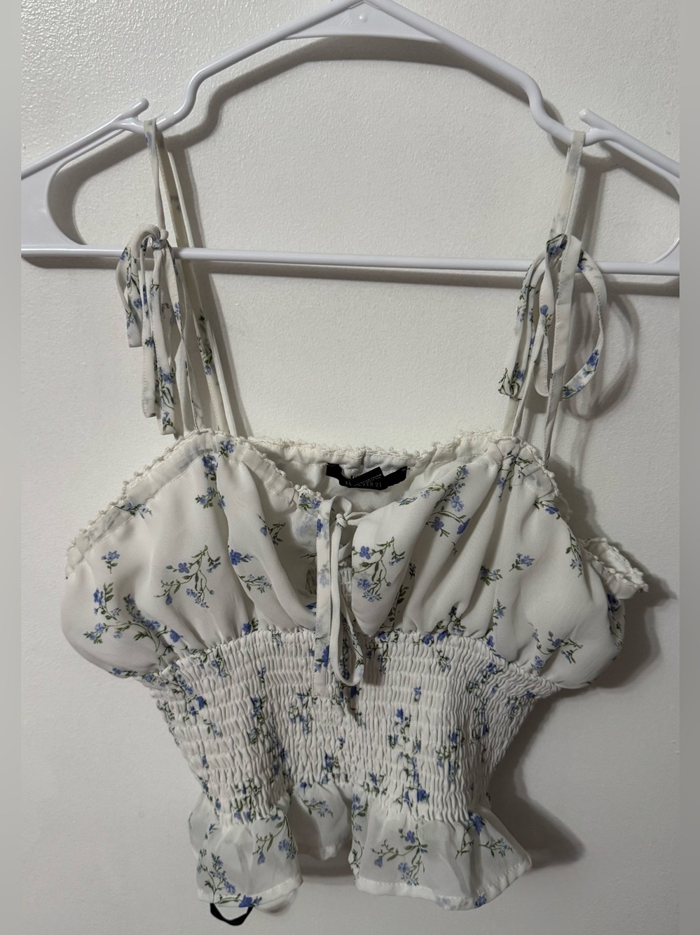 Forever 21 White Floral Smocked Tie-Strap Crop Top